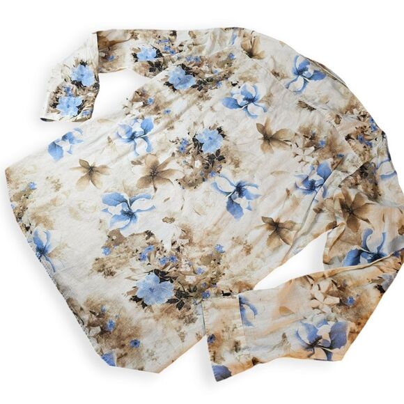 Haupt Germany Long Sleeve Creamy Beige Blue Tropical Floral Print Large - Picture 4 of 9
